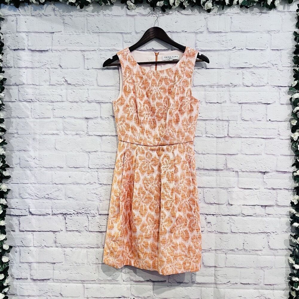 Trina Turk Orange Floral Brocade Print Sleeveless Pleated Fit Flare Dress Size 2